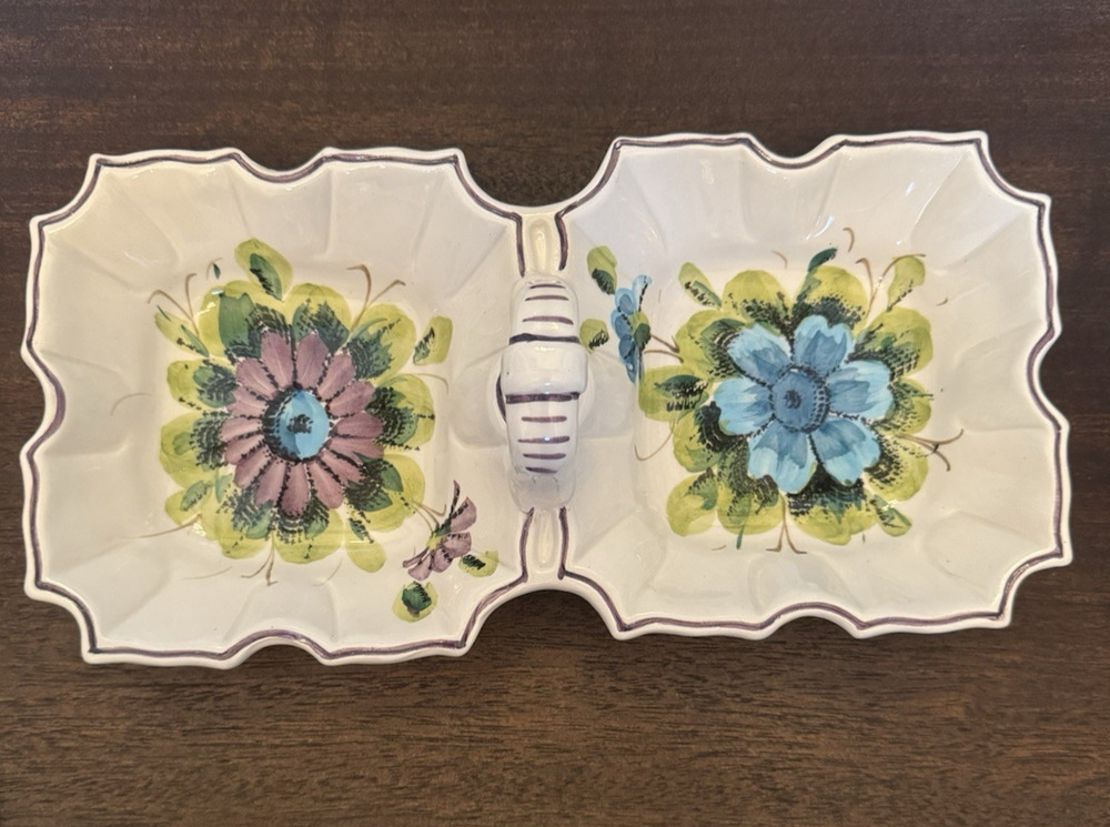 Italian Ceramic Divided Serving Dish Hand Painted Floral Bowl Made in Italy VTG